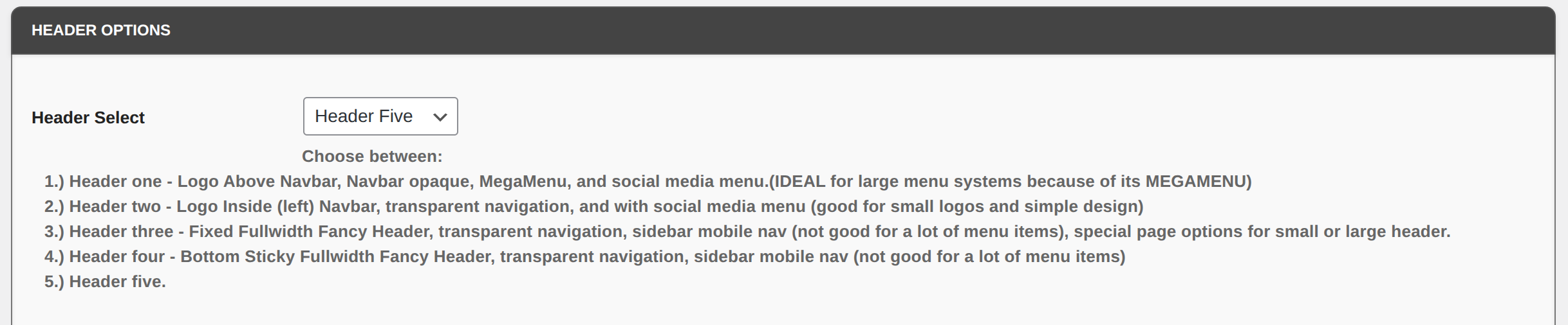 Header Select with the five header choices
