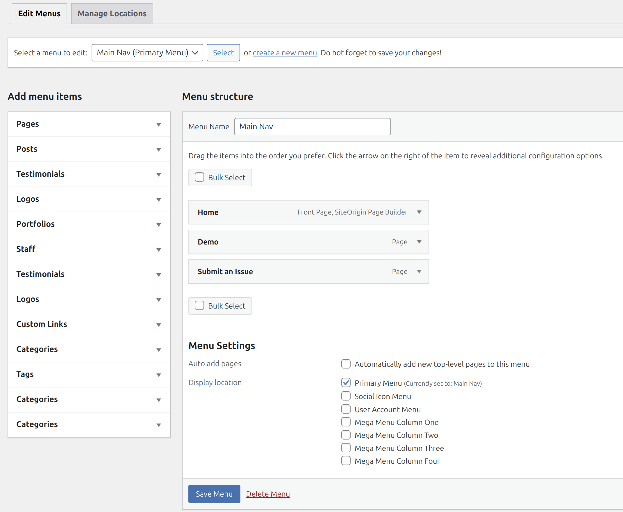 Menu Settings with the Pegasus display locations